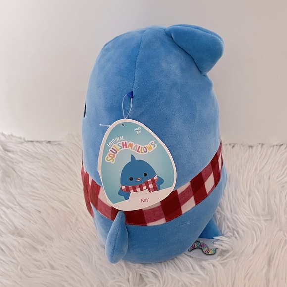 Rey the Blue Shark 8” Squishmallow with red scarf - Picture 2 of 3